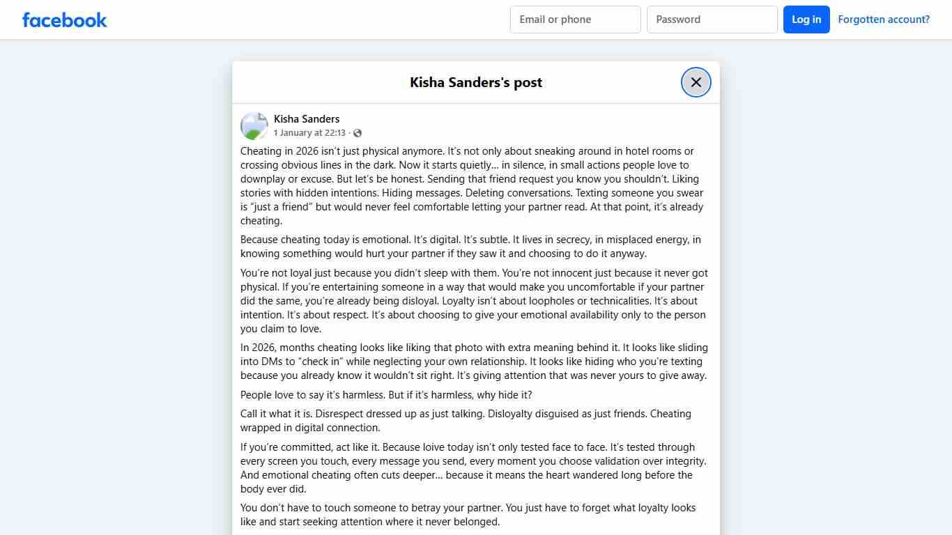 Kisha Sanders - Cheating in 2026 isn’t just physical... Facebook